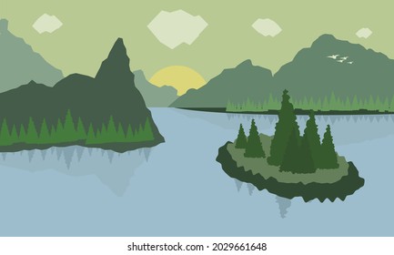 Sencillo paisaje forestal con montañas y lago