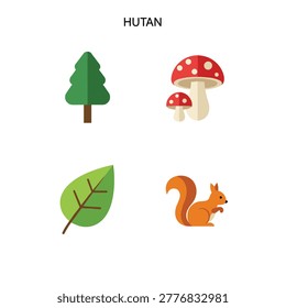 Simple forest themed symbols show a pine tree, red spotted mushroom, green leaf, and orange squirrel on a white background with the word HUTAN above.
