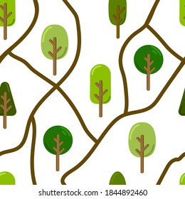 Simple forest trees cartoon style vector seamless pattern