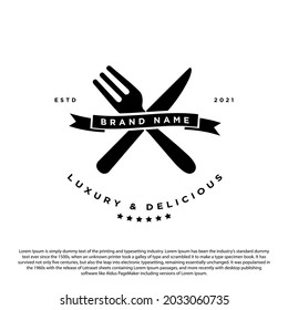 Simple Fork and knife with ribbon logo design. Vintage logo for your restaurant vector illustration