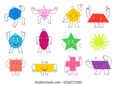 Simple form characters. Geometric abstract people with funny emotions exact vector square circles and triangles