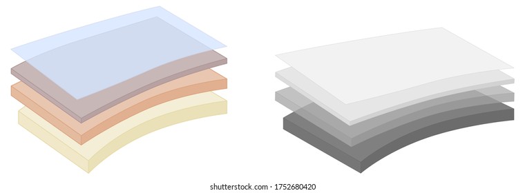 Simple four layers or fabric diagram. Various thickness, colors and gray version, top layer opaque, sheets are slightly bent
