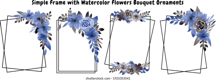 Simple Frame with Blue Black Watercolor Flowers Bouquet Ornaments Good for Decoration Invitation