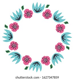 Simple frame of flat or scandinavian style garden flowers. Bright colors and contrast elements. Oval or round frame with blue and pink flower and leaves. Best for invitation or wedding. Copy space.