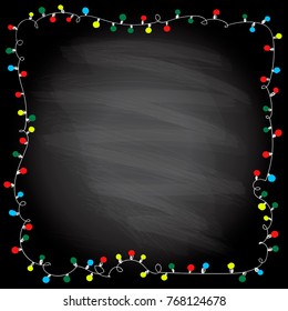 Simple frame with garland lights on a chalkboard background, hand drawn doodle illustration