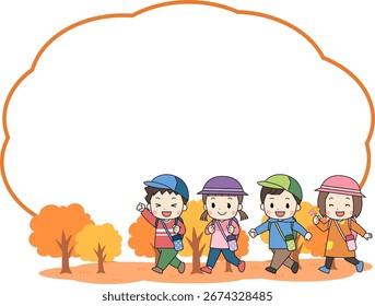 A simple frame illustration with children going on an autumn field trip