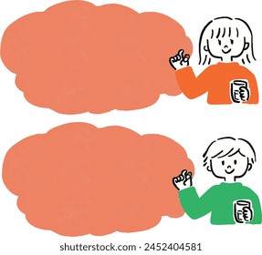Simple frame illustration set of man and woman trying to take capsule pills Bust up	