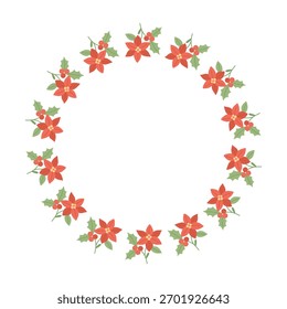 Simple Frame with poinsettia flower pattern forming elegant festive circle, red poinsettia repeating with holly leaves and berries, Simple Frame perfect for Christmas and winter decor.