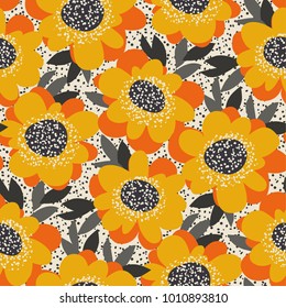 Simple free drawn floral seamless pattern. Retro 60s flower motif in fall orange and yellow colors. vector illustration.