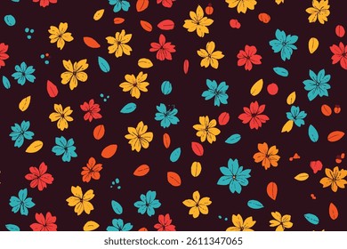 Simple free drawn floral seamless pattern. Seamless pattern of a maroon background with colorful orange, teal, and yellow doodle-style flowers