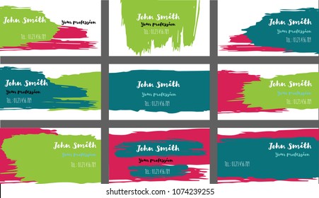 Simple Freehand Business Cards Vector Templates. Branding Paint Brush Strokes Banners Set. Creative Elegant Grungy Retro Corporate Identity. Funky Hipster Business Cards Vector Template.