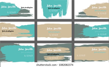 Simple Freehand Business Cards Vector Templates. Funky Paint Brush Strokes Cool Banners Set. Creative Modern Grungy Retro Corporate Identity. Hipster Strokes Business Cards Vector Template.