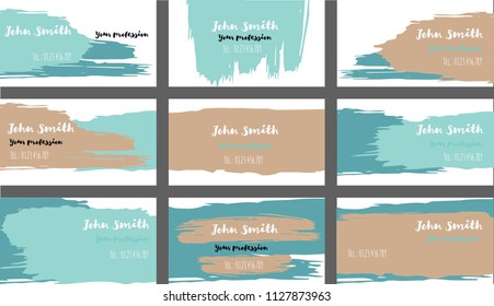 Simple Freehand Business Cards Vector Templates. Ink, Oil Paint Brush Strokes Cute Banners Set. Creative Elegant Grungy Retro Corporate Identity. Funky Strokes Business Cards Vector Template.