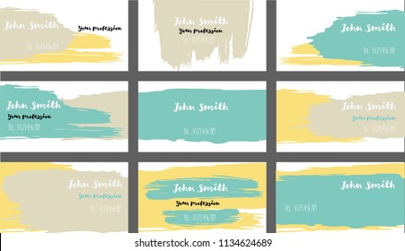 Simple Freehand Business Cards Vector Templates. Branding Paint Brush Strokes Banners Set. Creative Elegant Grungy Retro Corporate Identity. Hipster Stripes Business Cards Vector Template.