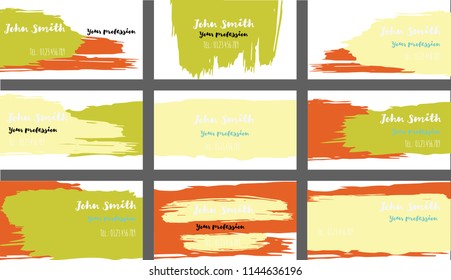 Simple Freehand Business Cards Vector Templates. Ink, Oil Paint Brush Strokes Cute Banners Set. Creative Modern Grungy Retro Graphic Ads Backgrounds. Funky Strokes Business Cards Vector Template.