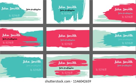 Simple Freehand Business Cards Vector Templates. Ink, Oil Paint Brush Strokes Cool Banners Set. Creative Modern Grungy Retro Graphic Ads Backgrounds. Funky Strokes Business Cards Vector Template.