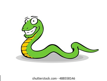Simple freehand drawing of a smiling, crawling snake. Hand drawn colorful illustration of cool looking, green and yellow reptile with a long and curvy body. Scaly serpent, long tail and big smile.