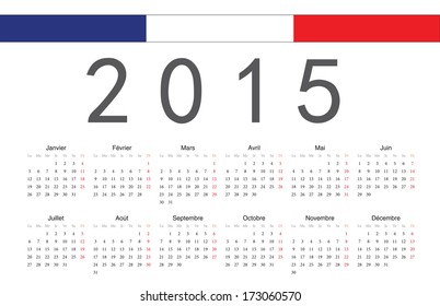 Simple French 2015 year vector calendar. Week starts from Monday.