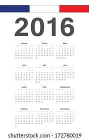 Simple French 2016 year vector calendar. Week starts from Monday.