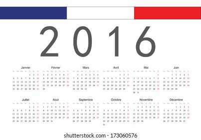 Simple French 2016 year vector calendar. Week starts from Monday.