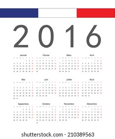 Simple french 2016 year vector calendar. Week starts from Monday.