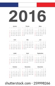 Simple French 2016 year vector calendar. Week starts from Sunday.