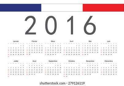 Simple French 2016 year vector calendar. Week starts from Sunday.