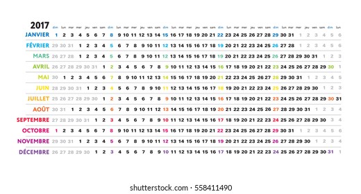 Simple french 2017 calendar - day schedule, vector editable template