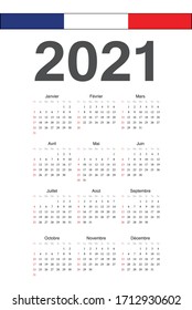 Simple French 2021 year vector calendar. Week starts from Sunday.