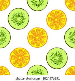 Simple fresh colored vector seamless pattern. Round slices of kiwi, orange on a white background. For fabric prints, packaging, kitchen textiles, lemonade.