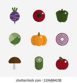 Simple fresh fruits and vegetables icon set with flat design vector illustration, colorful collection, reddish, tomato, bell pepper, cabbage, pumpkin, onion, mushroom, cucumber and apple.