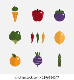 Simple fresh fruits and vegetables icon set with flat design vector illustration, colorful collection, carrot, apple, mangosteen, broccoli, chilli, lemon, orange, asparagus, reddish.