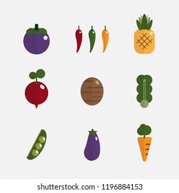 Simple fresh fruits and vegetables icon set with flat design vector illustration, colorful collection, chilli, pineapple, reddish, potato, kale, peas, carrot and eggplant.