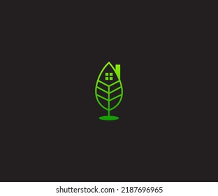 Simple fresh leaf and house for eco green home farm plant cultivation logo design