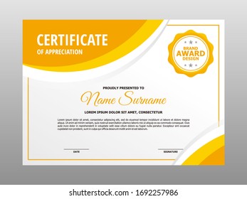 Simple Fresh Yellow Orange Certificate Design, Professional Modern Certificate Template Vector
