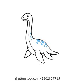A simple and friendly cartoon illustration of a plesiosaur, often associated with the Loch Ness monster. The aquatic dinosaur features a long neck, flippers, and blue spots on its back, set against a clean white background.
