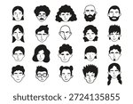 Simple friendly doodle style line monochrome avatars. Different male and female faces isolated on white background. Black and while palette. Men and women abstract portraits. For social media, prints.