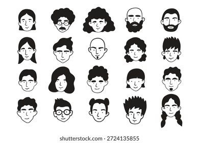 Avatares monocromáticos de línea de estilo doodle amigables simples. Diferentes rostros masculinos y femeninos aislados sobre fondo blanco. Paleta negra y blanca. Retratos abstractos de hombres y mujeres. Para las redes sociales, impresiones.