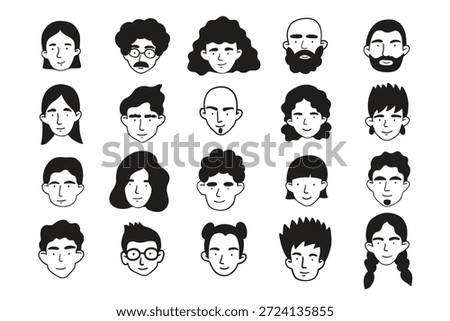 Simple friendly doodle style line monochrome avatars. Different male and female faces isolated on white background. Black and while palette. Men and women abstract portraits. For social media, prints.