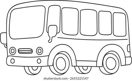 A simple and friendly line art illustration of a cartoon bus, perfect for children's educational materials, transportation themes, or city-related designs