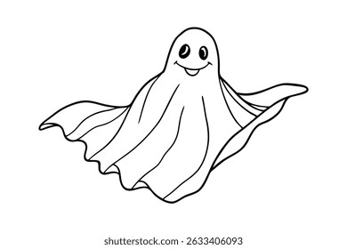 Una ilustración de contorno simple y amigable de un fantasma sonriente lindo que flota solo