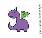 A simple and friendly purple dragon with green wings and a smiling face in a flat vector style