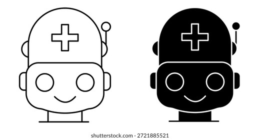 Cabeza de robot simple y amigable que lleva una gorra de médico con una cruz médica. Disponible en versiones de contorno y negro sólido.