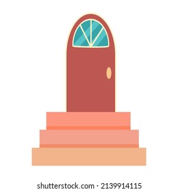 Una sencilla puerta delantera o interior. Parte del interior de la casa. Porche de la casa con escalones de piedra. ilustración vectorial aislada en fondo blanco. Estilo de caricatura.