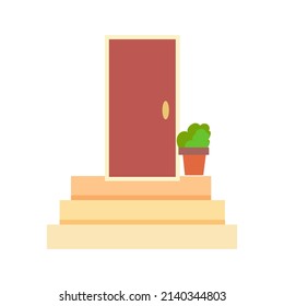 Una sencilla puerta delantera o interior. Parte del interior de la casa. Porche de la casa con escalones de piedra. ilustración vectorial aislada en fondo blanco. Estilo de caricatura.