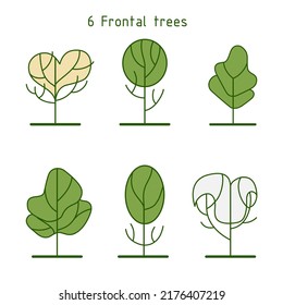 Simple frontal trees.  Entourage design. Various trees, bushes, and shrubs.