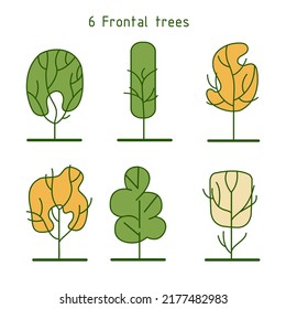 Simple frontal trees.  Entourage design. Various trees, bushes, and shrubs.