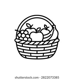 Simple fruit basket linear icon with healthy snacks. Woven container holding fresh organic apples bunch of grapes and ripe banana. Minimalist black and white vector graphic for grocery shop branding wellness menu and nutrition education.