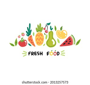 Simple Fruit icons of food in the form. Circle. Different fresh food. Set. Vector illustration