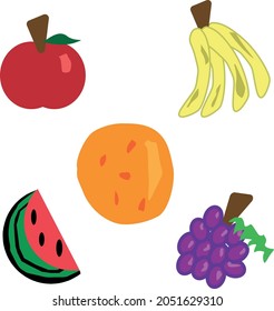 Una simple ilustración de la fruta incluye una manzana, un plátano, una sandía, uvas y una naranja.